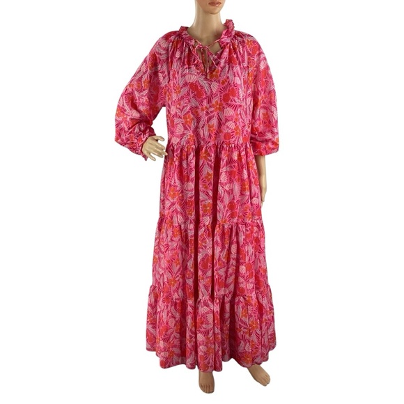 J.Marie Ruby Long Sleeve Maxi Dress Pink Floral Tiered Ruffle Neck Size S - Picture 1 of 7